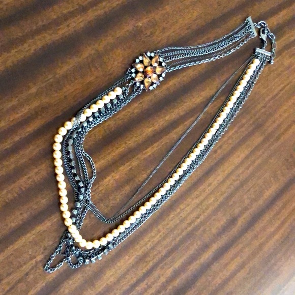 antique silver layered necklace with embellishment & pearls - Picture 1 of 10